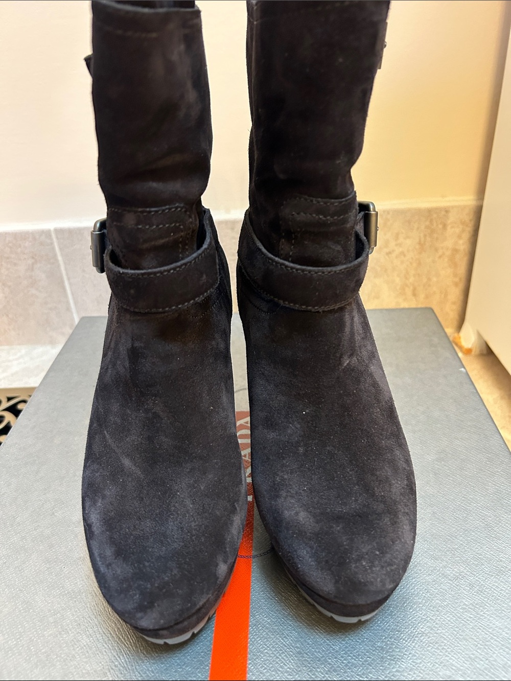 Prada Black Suede-Look Wedge Boots